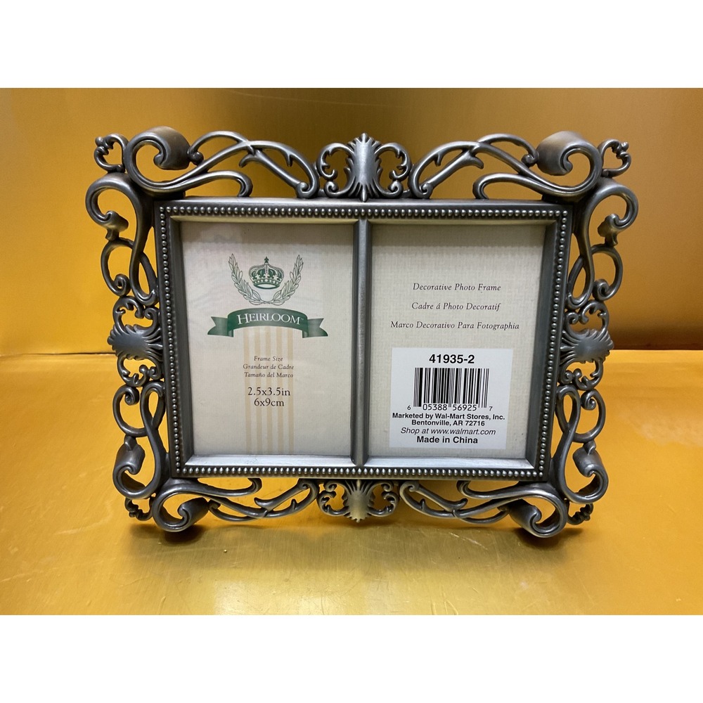 Heirloom Pewter Ornate Double Photo Frame 2.5x3.5 Scroll Design 41935-2